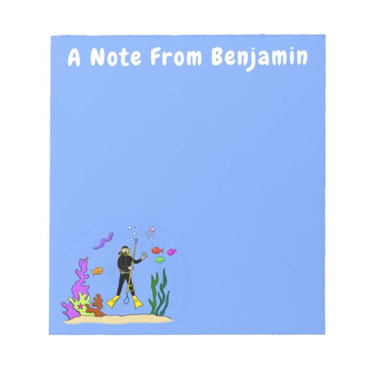 スキューバおもしろいダイバーと魚の海の生き物の漫画 ノートパッド (正面)