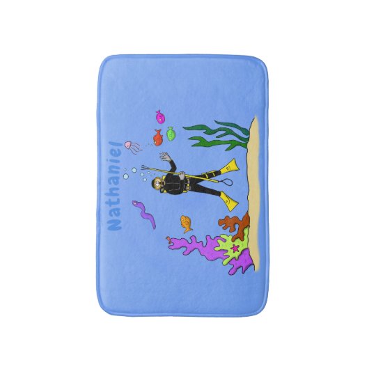 スキューバおもしろいダイバーと魚の海の生き物の漫画 バスマット (正面縦)