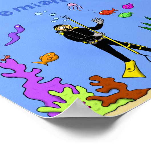 スキューバおもしろいダイバーと魚の海の生き物の漫画 ポスター (角)