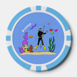 スキューバおもしろいダイバーと魚の海の生き物の漫画 ポーカーチップ
