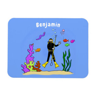 スキューバおもしろいダイバーと魚の海の生き物の漫画 マグネット