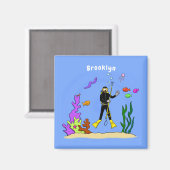 スキューバおもしろいダイバーと魚の海の生き物の漫画 マグネット (正面/裏面)