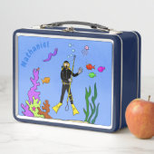 スキューバおもしろいダイバーと魚の海の生き物の漫画 メタルランチボックス (インサイチュ)