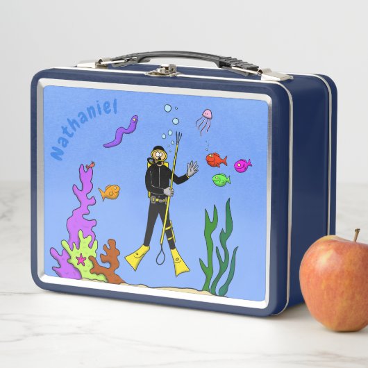 スキューバおもしろいダイバーと魚の海の生き物の漫画 メタルランチボックス (インサイチュ)