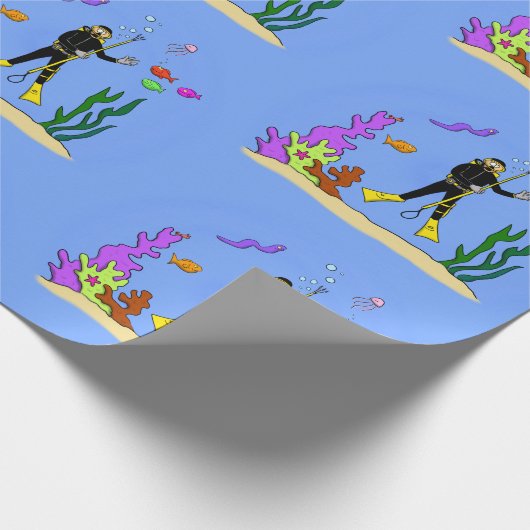 スキューバおもしろいダイバーと魚の海の生き物の漫画 ラッピングペーパー (角)
