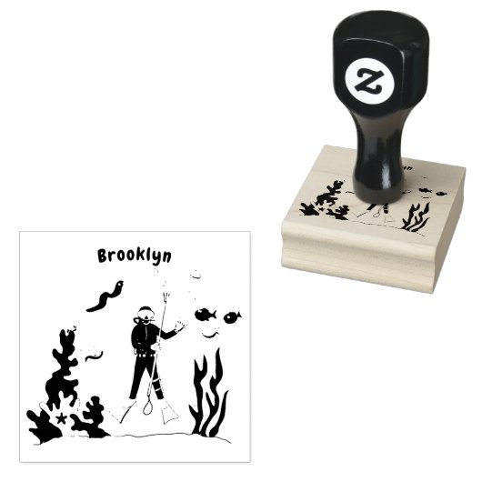 スキューバおもしろいダイバーと魚の海の生き物の漫画 ラバースタンプ (押印)