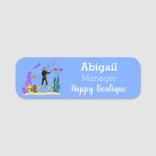 スキューバおもしろいダイバーと魚の海の生き物の漫画 名札 (正面)