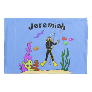 スキューバおもしろいダイバーと魚の海の生き物の漫画 枕カバー