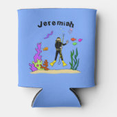 スキューバおもしろいダイバーと魚の海の生き物の漫画 缶クーラー (正面)