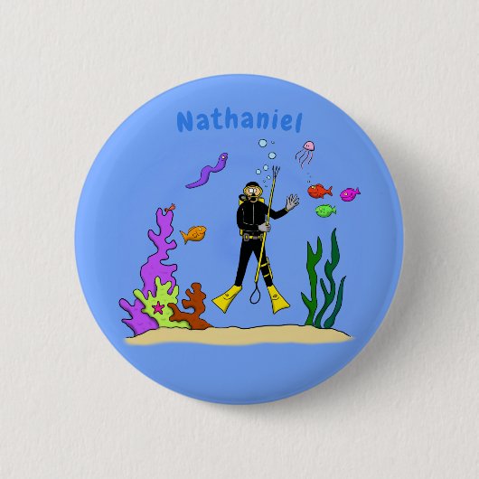 スキューバおもしろいダイバーと魚の海の生き物の漫画 缶バッジ (正面)