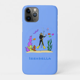 スキューバおもしろいダイバーと魚の海の生き物の漫画 iPhone 11 PROケース