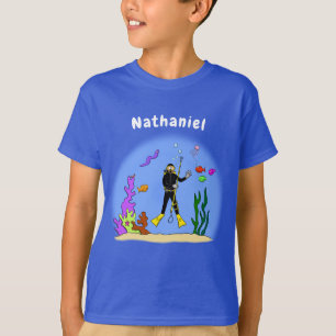 スキューバおもしろいダイバーと魚の海の生き物の漫画 Tシャツ