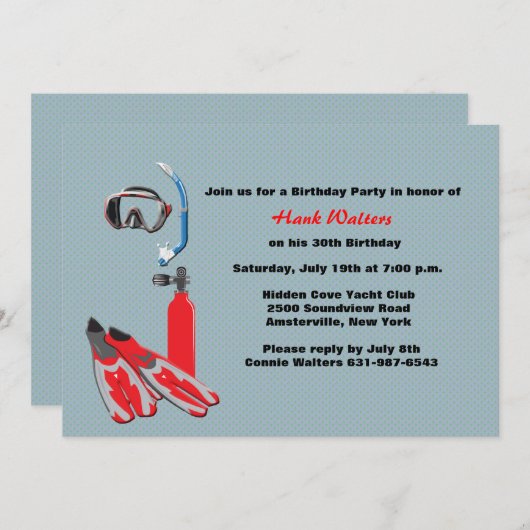 スキューバギアの誕生日のパーティの招待状 招待状 (正面/裏面)