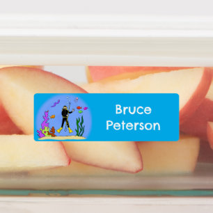 スキューバダイバーと海の生き物の漫画パーソナライズされた ラベル