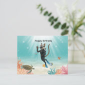 スキューバダイバーねこお誕生日おめでとう海の中 ポストカード (スタンド正面)