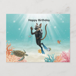 スキューバダイバーねこお誕生日おめでとう海の中 ポストカード