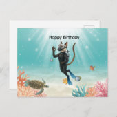 スキューバダイバーねこ 海の中のハッピーバースデー ポストカード (正面/裏面)