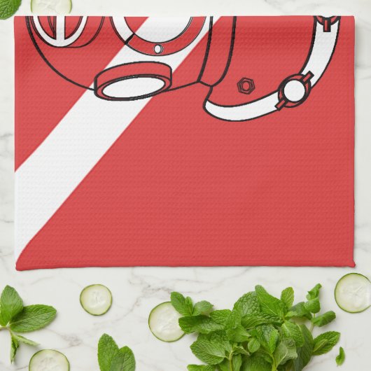 スキューバダイバーのヘルメットの赤く白いダイバーの旗のギフト キッチンタオル (折り畳み)