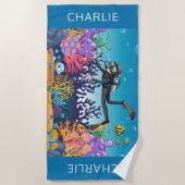 スキューバダイバー名前をカスタムするビーチタオル ビーチタオル (正面)