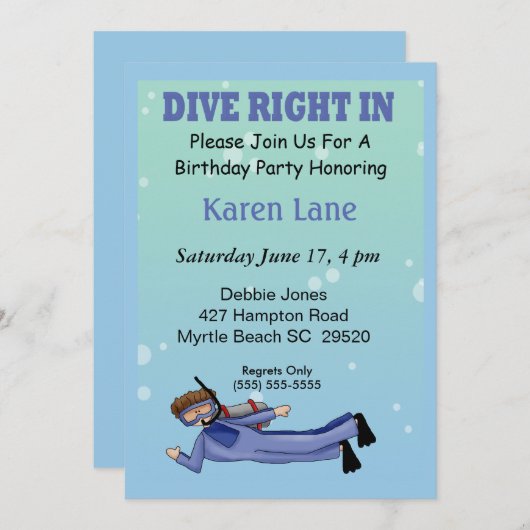 スキューバダイバー子供の誕生日招待状 招待状 (正面/裏面)
