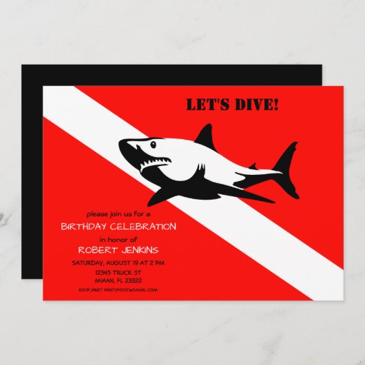 スキューバダイビング旗とシャーク誕生日 招待状 (正面/裏面)