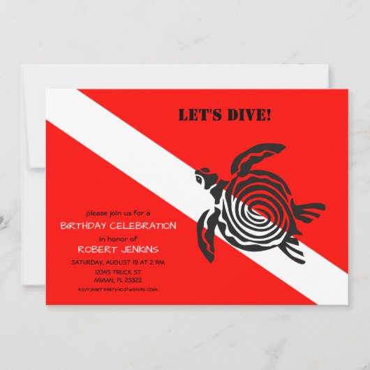 スキューバダイビング旗とシータートルフォト誕生日 招待状 (正面)