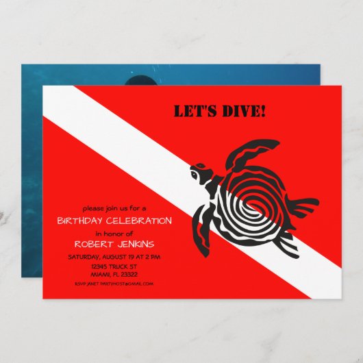 スキューバダイビング旗とシータートルフォト誕生日 招待状 (正面/裏面)