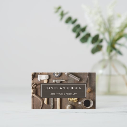 スキルツールをテーマにした大工の木工職人を表示 名刺 (スタンド正面)