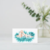 スキンクリニック&レーザー脱毛ティール（緑がかった色）羽毛 名刺 (スタンド正面)