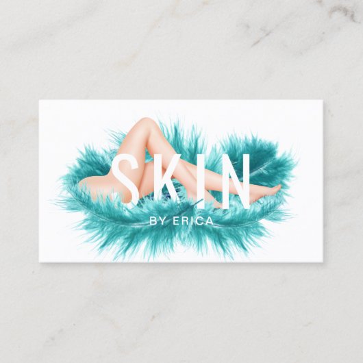 スキンクリニック&レーザー脱毛ティール（緑がかった色）羽毛 名刺 (正面)
