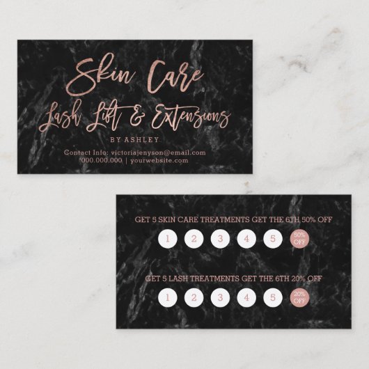 スキンケアの鞭のばら色の金ゴールドの原稿の黒の大理石 ロイヤリティカード (正面/裏面)