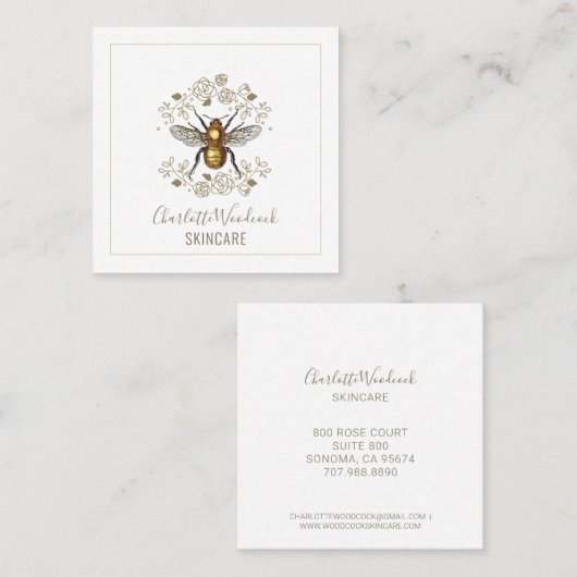 スキンケアエステティシャンゴールデンビーアンドバラローレル スクエア名刺 (正面/裏面)