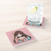 スキンケア可愛いアニメを撮る女の子 ガラスコースター (アングル)