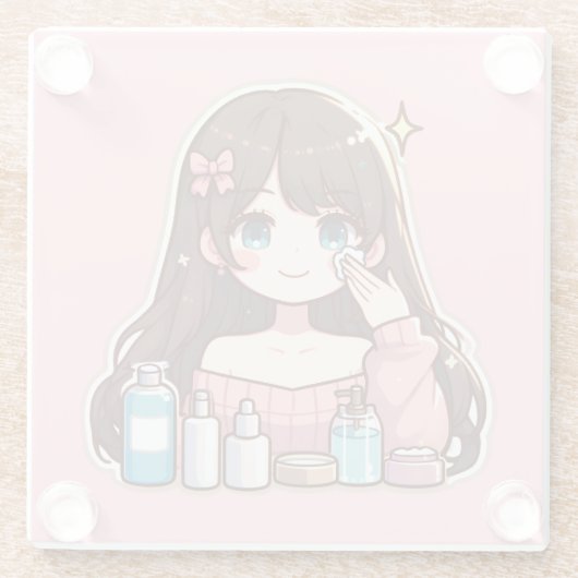 スキンケア可愛いアニメを撮る女の子 ガラスコースター (裏面)
