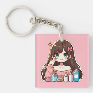 スキンケア可愛いアニメを撮る女の子 キーホルダー