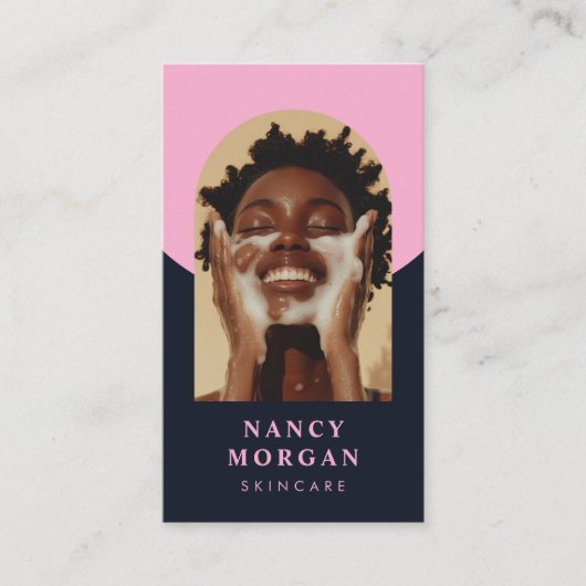 スキンケアArch Photo QRコードピンクとネイビー 名刺 (正面)