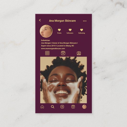 スキンケアInstagramフォトグリッドQRコードバーガンディ 名刺 (正面)