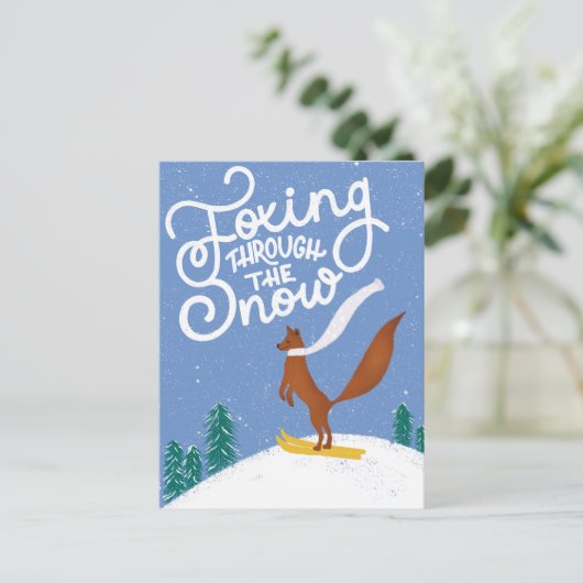 スキーおもしろいキツネクリスマスハガキ ポストカード (スタンド正面)