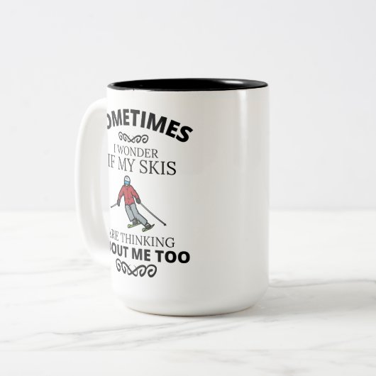 スキーおもしろいジョーク引用文、スキー愛好家スキーギフト ツートーンマグカップ (正面左)