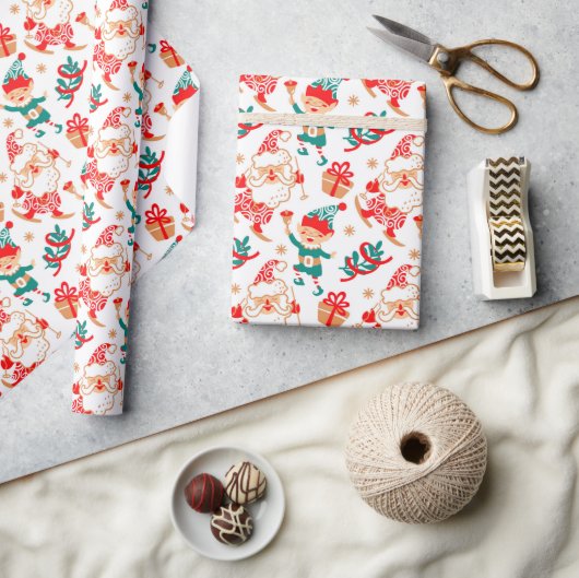 スキーお洒落サンタ小人クリスマス ラッピングペーパー (クラフト)