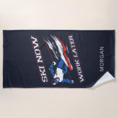 スキーが後でスキーのファンを増パーソナライズされたやす ビーチタオル (正面)