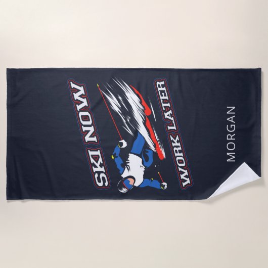 スキーが後でスキーのファンを増パーソナライズされたやす ビーチタオル (正面)