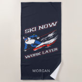 スキーが後でスキーのファンを増パーソナライズされたやす ビーチタオル (正面)