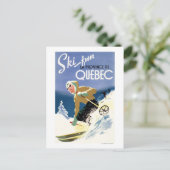 スキーする女性 - 英語とフランス語のポスター ポストカード (スタンド正面)