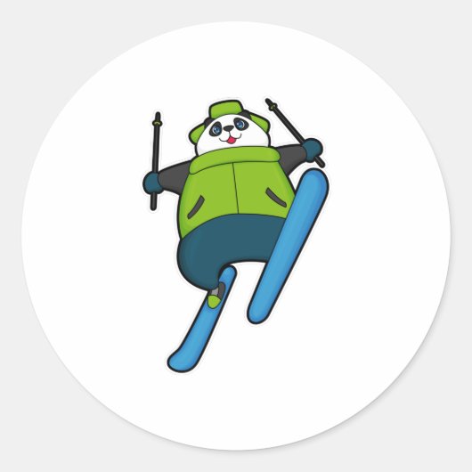 スキーでスキージャンプをするパンダ ラウンドシール (正面)