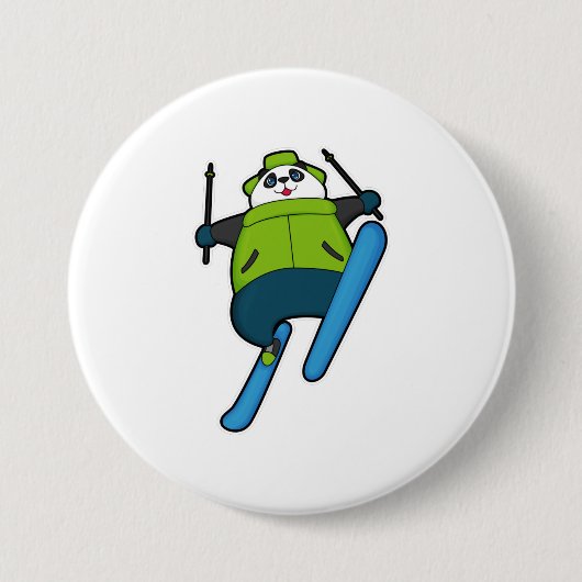 スキーでスキージャンプをするパンダ 缶バッジ (正面)