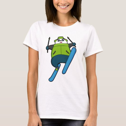 スキーでスキージャンプをするパンダ Tシャツ (正面)