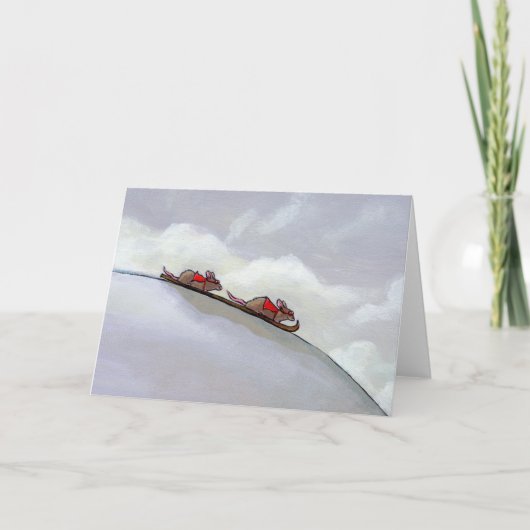 スキーで下りる楽しみを持つ競走するネズミたちユニークなネズミのアート カード (正面)