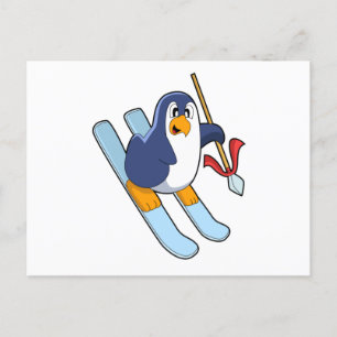 スキーで滑るペンギン ポストカード