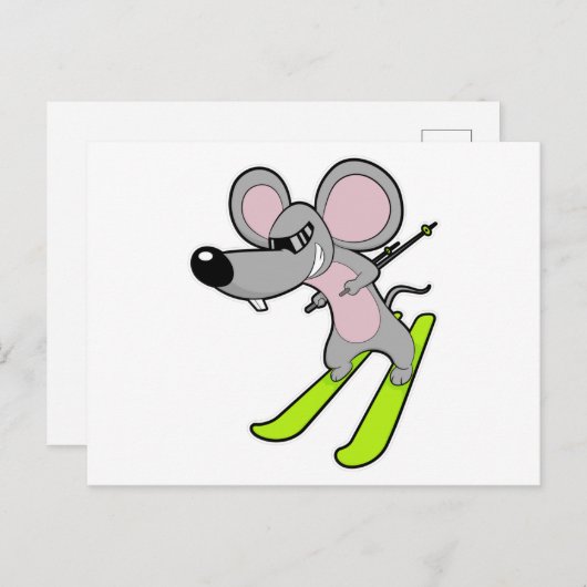 スキーで滑るマウス ポストカード (正面/裏面)